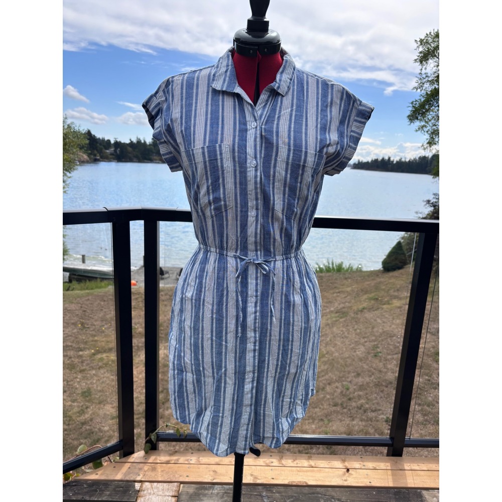 Japna shirt dress women S blue stripes button down cap sleeve high low hem